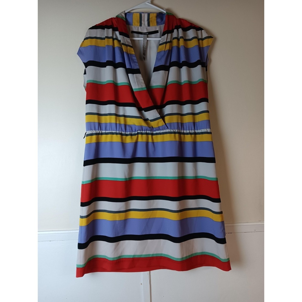 Kensie Dress Womens Medium Multicolor Stripe V-Neck A-Line Short Lined Casual